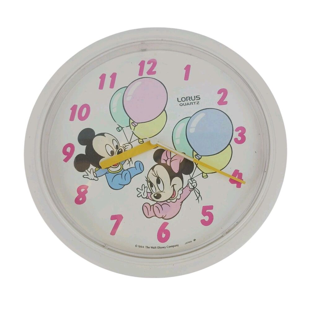 1984 Disney Lorus Quartz Mickey Minnie Mouse Babies Clock 10.5" Japan